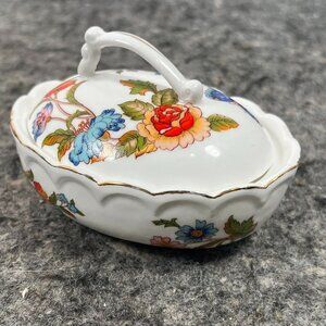 VTG Ardalt Bone China Oval Floral Butterfly Trinket Dish Handle Lid 3499